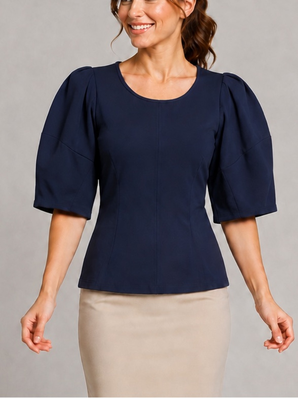 🆕🫐 Chloé Kristyn Navy Sculptural Puff Sleeve Stretch Top XXS Office Party Work